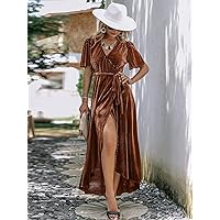 Women's Dress Dresses for Women Butterfly Sleeve Wrap Hem Belted Velvet Dress Dresses for Women (Color : Coffee Brown, Size : X-Large)