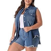 Agnes Orinda Women's Plus Size Button Up Frayed Hem Shacket Sleeveless Denim Jean Jacket Vest