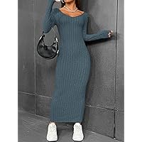 Women's Dress Solid Ribbed Knit Bodycon Dress Dresses for Women (Color : Blue, Size : Large)