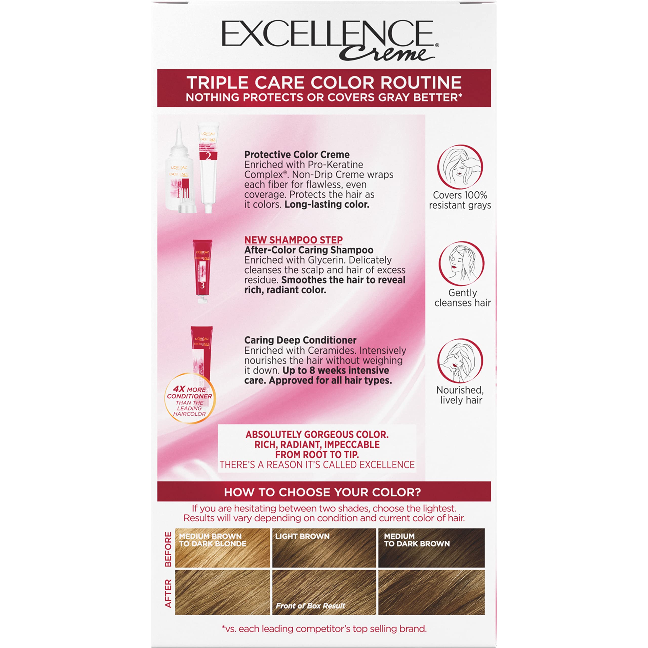 L'Oreal Paris Excellence Creme Permanent Triple Care Hair Color, 6 Light Brown Hair Dye Kit, Gray Coverage For Up to 8 Weeks, All Hair Types, Pack of 1