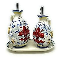 Italian Ceramic Set Cruet Oil Vinegar Art Pottery Hand Painted Decorated Lily Made in ITALY Tuscan