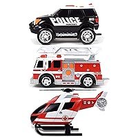 Sunny Days Entertainment Mini Rescue Vehicles 3 Pack – Lights and Sounds Pull Back Toy Vehicle with Friction Motor | Includes Police SUV Fire Truck and Helicopter – Maxx Action