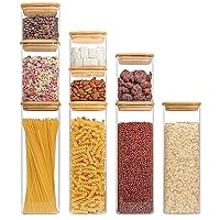 ComSaf Airtight Glass Storage Canister with Bamboo Lid (18oz/27oz/37oz/71oz) Set of 9, Clear Food Storage Container Kitchen Pantry Storage Jar for Flour Cereal Sugar Tea Coffee Beans Snacks