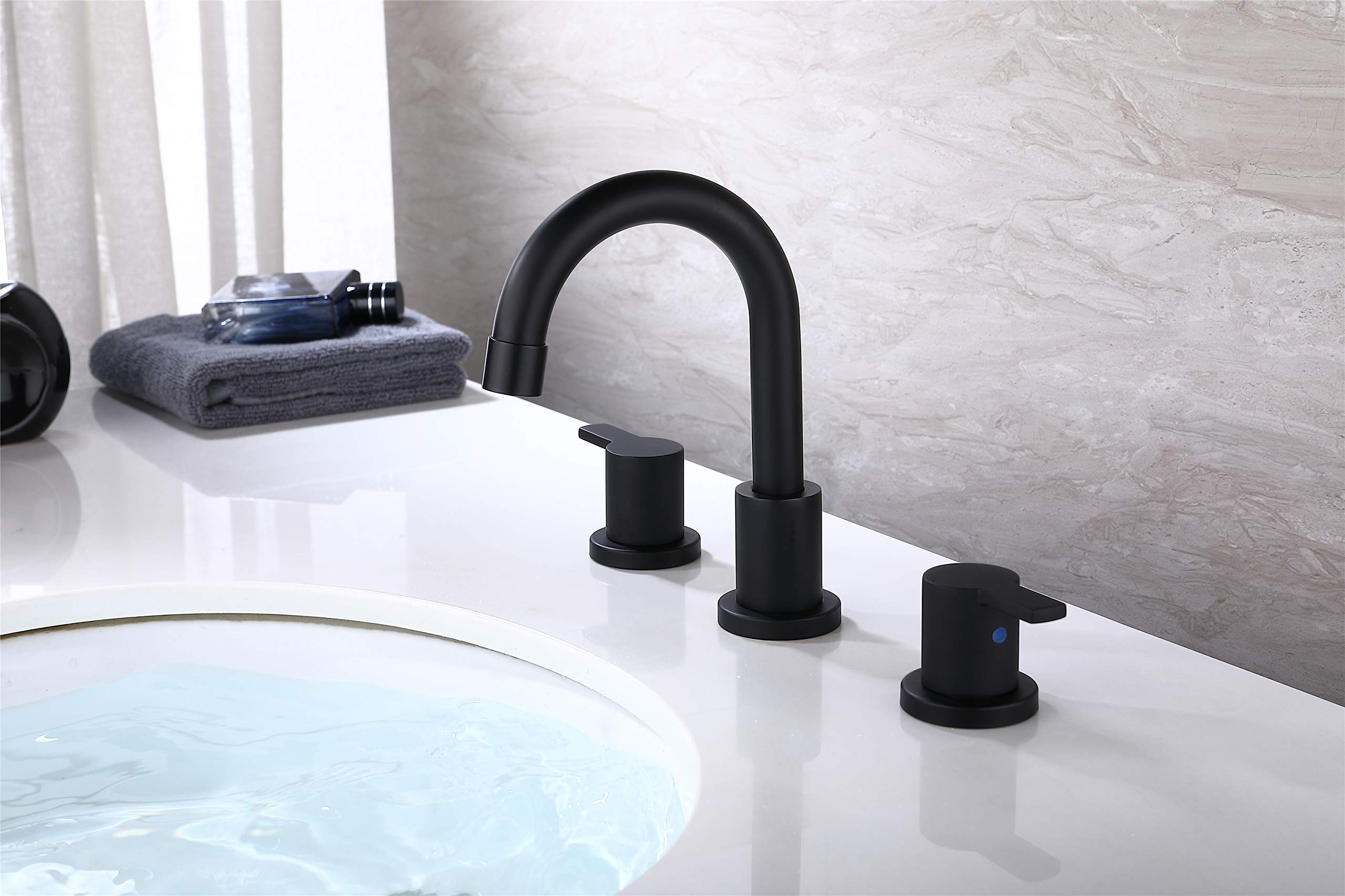 RKF Two Handle Widespread Bathroom Sink Faucet with Pop-up Drain with overflow and CUPC Faucet Supply Hoses,Matte Black,WF015-9-MB