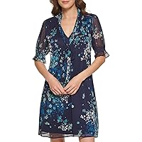 DKNY Women's Fit and Flare Short Sleeve Tie Neck Dress