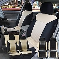FH Group Premium Fabric Car Seat Covers, Airbag Compatible and Split Bench with Premium Carpet Floor Mats - Fit Most Car, Truck, SUV, or Van Beige/Black