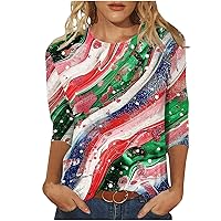 Summer 3/4 Sleeve T Shirts Women 4th of July Shirts Funny Stripes Print Tops Fashion Casual Crewneck Blouses