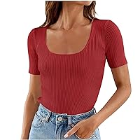 Women's Ribbed Short Sleeve Tops Summer Square Neck Slim Fitted Casual Tee Tops 2024 Solid Color Sexy Undershirts