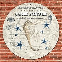 French Carte Postale Postcard Nautical Ocean Sea Horses Starfish Round Metal Tin Sign Vintage Metal Art Prints Rustic Home Bar Sign Plaque Wreath Sign for Patio Pub Decor Novelty Gift Idea 9 Inch
