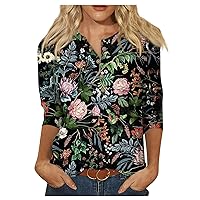 Deal of The Day Clearance Women's Casual Tops 3/4 Sleeve Floral Print Womens Dressy Tops Henley Neck Womens Tops Spring Tops for Women 2024 Fit Tee c1-Black X-Large