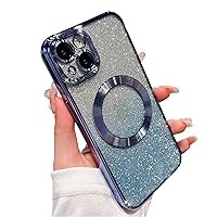 for iPhone 13 Case Glitter Magnetic Compatible with MagSafe Full Camera Lens Protection Luxury Plating Cute Bling Clear Shockproof Slim Phone Case for Women Girls (Blue)