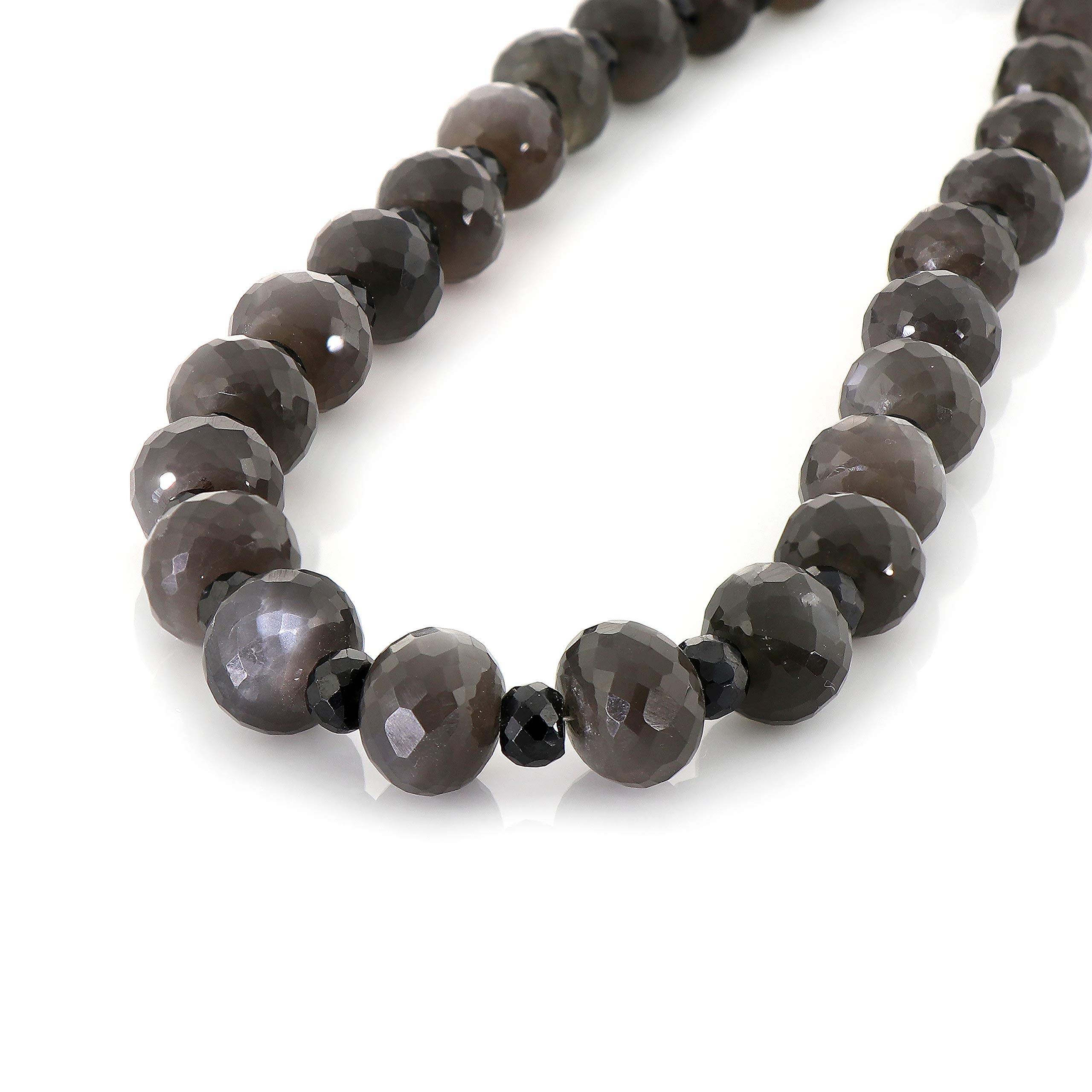 NirvanaIN Natural Grey Moonstone and Black Spinel Gemstone Beaded Necklace in Silver Best Gift for Women and Girls, Carat Weight 449.5 (Approx.)