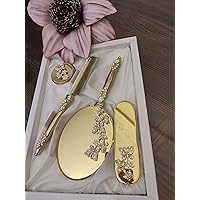 Makeup Vanity Mirror Comb Hair Brush Set | Vintage Antique Mirror Comb Brush | Antique Vanity Makeup Mirror Gold Vanity Mirror Hair Brush Set | Hand Beauty Mirror | Comb and Mirror Set (Gold)