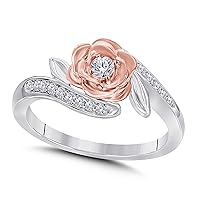 14K Two-Tone Gold Finish Round Cut White Cubic Zirconia Yellow Rose Flower Design Fashion Ring Women's Jewelry