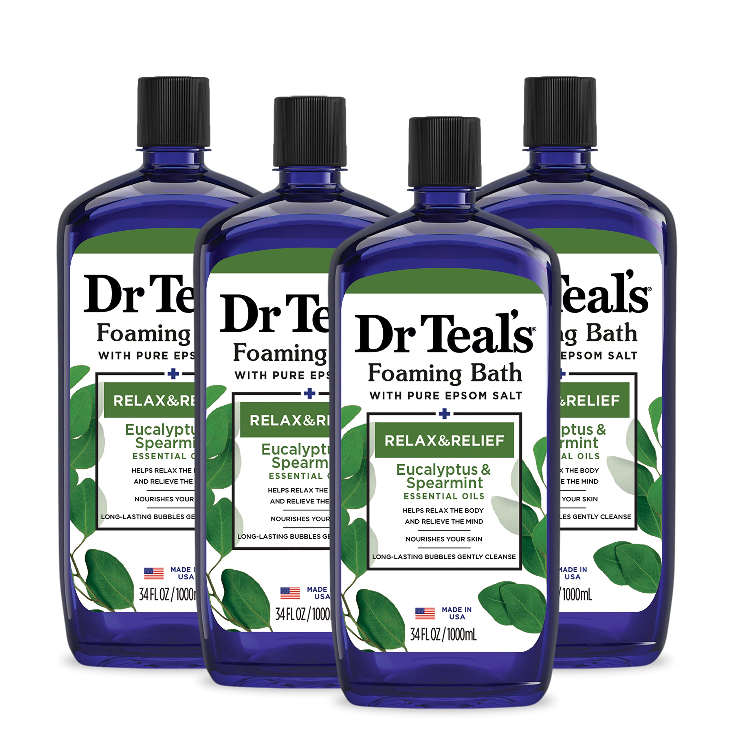 Dr Teal's Foaming Bath with Pure Epsom Salt, Relax & Relief with Eucalyptus & Spearmint, 34 fl oz (Pack of 4) (Packaging May Vary)