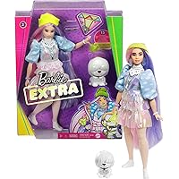 Barbie Extra Doll & Accessories with Shimmery Look, Pink & Purple Fantasy Hair & Neon Beanie with Pet Puppy