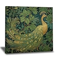 WoGuangis Chinoiserie Canvas Wall Art Painting Gold and Green Peacock Canvas Wall Art Chinoiserie Bird and Flower Green Canvas Print Wall Art Painting Artworks for Bedroom Home Decor 12x12in