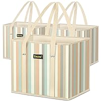 BALEINE 3Pk Reusable Grocery Bags, Foldable Shopping Bags for Groceries with Reinforced Bottom & Handles (Color Stripe)
