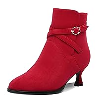 Womens Solid Cold Weather Dating Buckle Suede Ankle Strap Round Toe Kitten Low Heel Ankle High Boots 2 Inch
