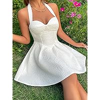 Dresses for Women - Halter Neck Backless Textured Bustier Dress (Color : White, Size : Small)