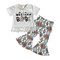 Infant Toddler Baby Girl Summer Outfit Letter Short Sleeve T-Shirt Tops and Flared Pants Headband Western Clothes 3Pcs Set