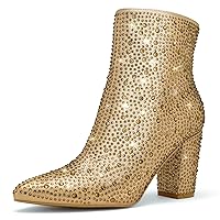 Rollda Rhinestone Boots for Women Glitter Ankle Boots Pointed Toe Block Chunky Heel Boots Sparkly Booties