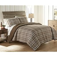 Thermee Micro Flannel Comforter Set with 1 Sham, Won't Shrink or Pill, Machine Wash, Fashion Plaid Bark, Twin
