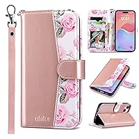 ULAK Compatible with iPhone 15 Plus Wallet Case for Women, PU Leather Floral Flip Cover with Card Holder Kickstand Feature Purse Case for iPhone 15 Plus 6.7'', Rose Gold
