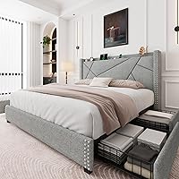 Queen Bed Frame with 4 Storage Drawers, Upholstered Platform Bed Frame with Charging Station & Wingback Headboard, Solid Wood Slats Support, No Box Spring Needed, Noise-Free, Light Gray