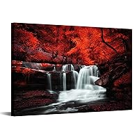 Conipit Black White and Red Wall Art Red Tree Waterfall Picture Canvas Landscape Print Artwork for Living Room Autumn Red Forest Water Wall Decor Painting Framed Ready to Hang 24x36 Inch