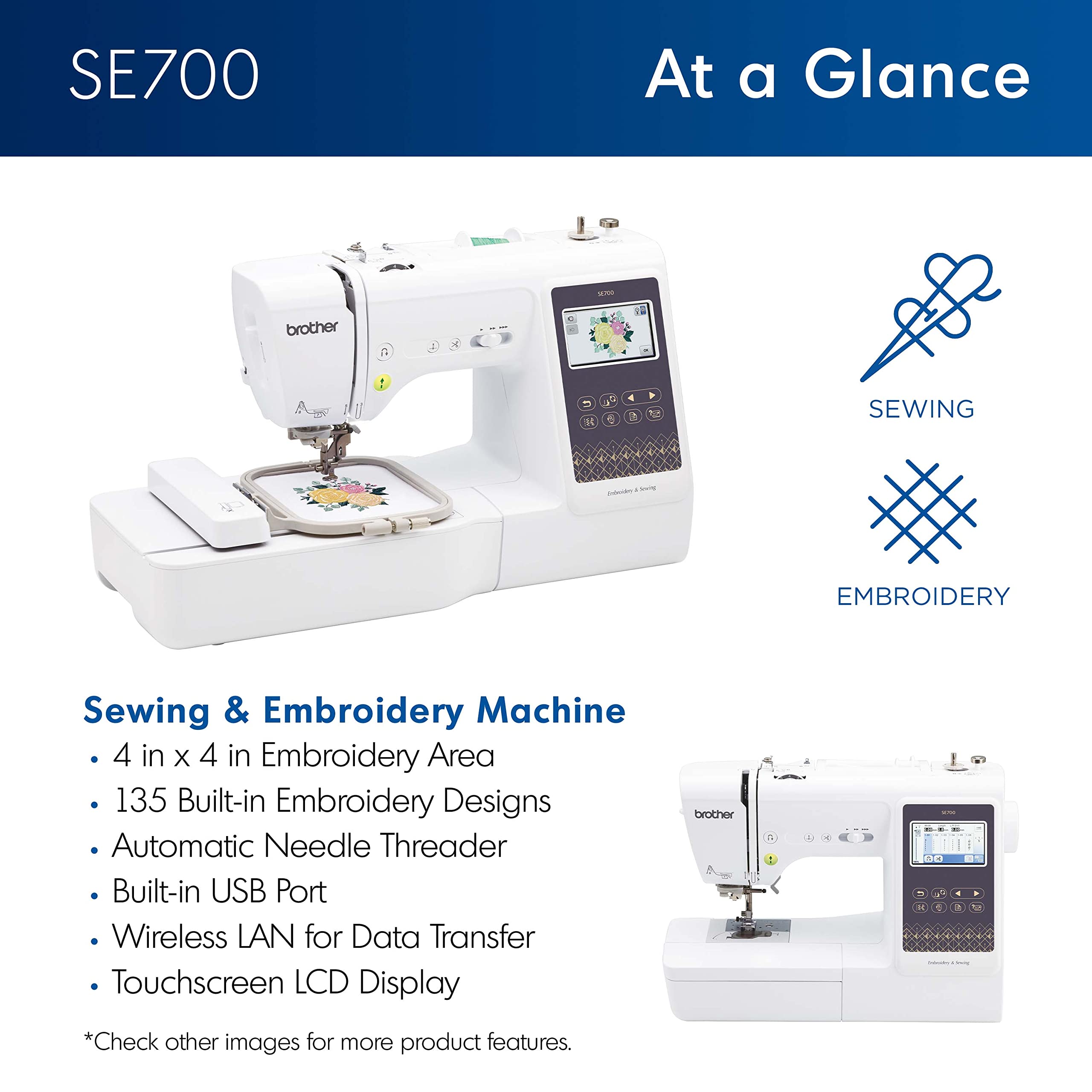 Brother SE700 Sewing and Embroidery Machine, Wireless LAN Connected, 135 Built-in Designs, 103 Built-in Stitches, Computerized, 4