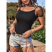 Women's Tops Women's Shirts Sexy Tops for Women Contrast Mesh Puff Sleeve Knit Top (Color : Black, Size : Small)