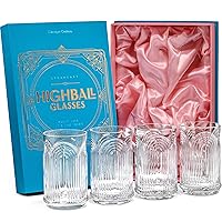 Vintage Art Deco 1920s Highball Cocktail Glasses | Set of 4 | 14 oz Tall Crystal Tumblers for Drinking Mojito, Whiskey Highball, Gin Rickey, Classic Long Bar Drinks | Large Hiball Glassware