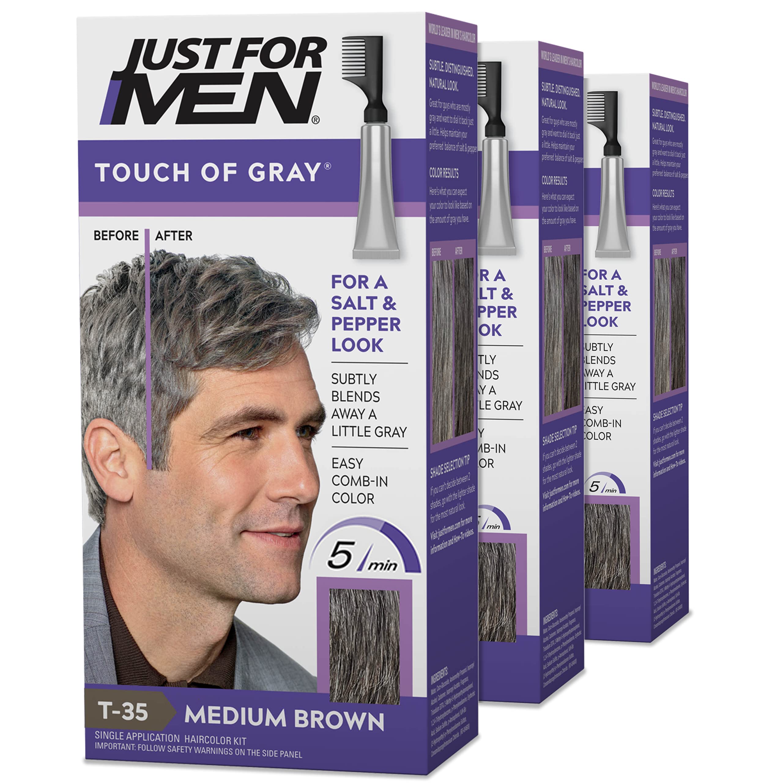 Just For Men Touch of Gray, Mens Hair Color Kit with Comb Applicator for Easy Application, Great for a Salt and Pepper Look - Medium Brown, T-35, Pack of 3