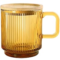 Lysenn Amber Glass Coffee Mug with Lid - Premium Classical Vertical Stripes Glass Tea Cup - for |Latte|Tea|Chocolate|Juice|Water| - Unleaded - Bamboo Lid - 12.5 Ounces