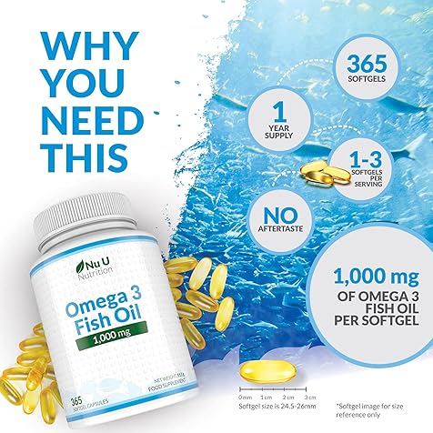 Omega 3 Fish Oil 1000mg - 365 Softgel Capsules - Up to 12 Month’s Supply - Pure Fish Oil with Balanced EPA & DHA - Contaminant Free Omega 3 - Made in The UK by Nu U Nutrition…
