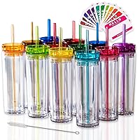 STRATA CUPS 12 Colored Skinny Clear Tumbler with Lids and Straws | 16oz Double Wall Clear Acrylic Tumblers Bulk With FREE Straw Cleaner & Name Tags! Reusable Cup With Clear Straw Tumbler
