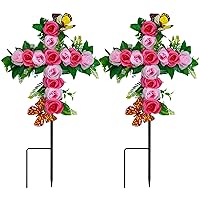 2 Sets Artificial Cemetery Flowers,Outdoor Grave Decorations Roses,Grave Flowers,Graveyard Cross Stake for Grave Decoration (2, Red Rose)