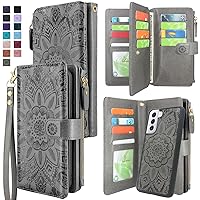 Harryshell Detachable Magnetic Zipper Wallet Leather Case Cash Pocket with 12 Card Slots Holder Wrist Strap for Samsung Galaxy S21+ S21 Plus 5G 6.7 Inch (2021) Floral Flower (Gray)