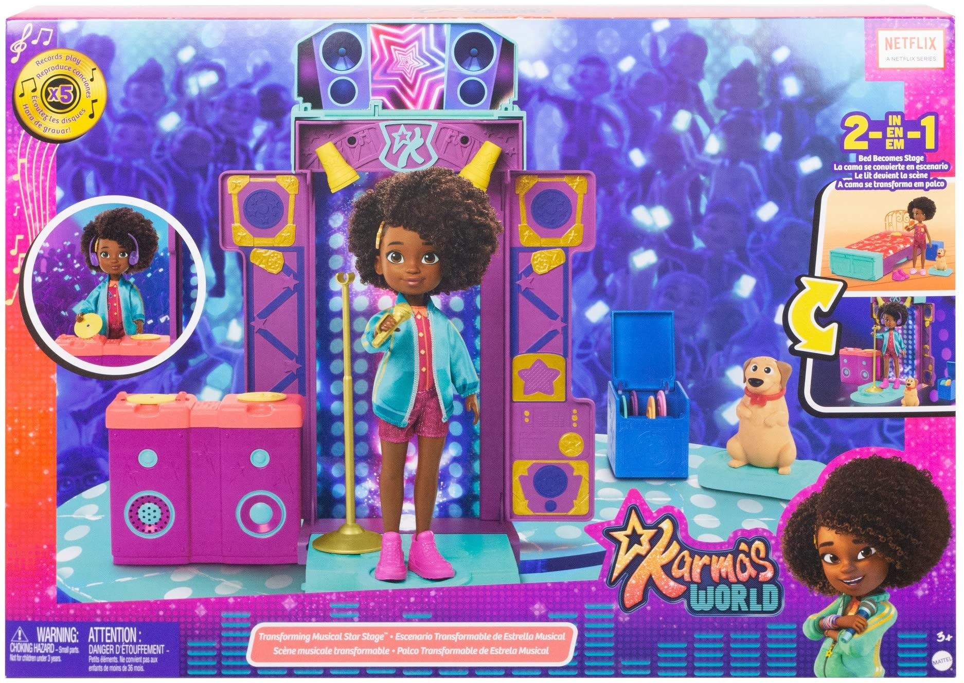 Mattel Karma's World Toy Playset with Doll & Accessories, Musical Star Stage with Lights & Sounds, Transforms From Bed To Stage