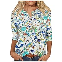 Business Casual Tops for Women,Women's Summer 3/4 Sleeve Round Neck Blouse Cute Print Graphic Tees Loose Basic Shirt