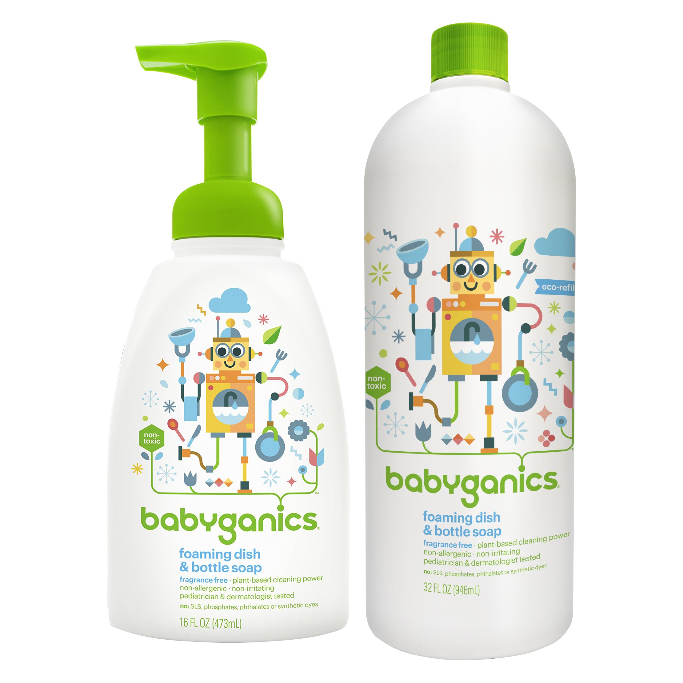 Babyganics 16 Ounce Dish Dazzler Foaming Dish and Bottle Soap with Refill Kit (Original Version)