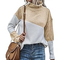 Women's Turtleneck Pullover Blouse Long Sleeve Crewneck Knitted Sweaters Casual Cozy Color Block Cable Knit Tunic Tops