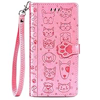 Compatible with iPhone 12 Pro Max Wallet Case,3 Credit Card Slot ID Card Holder,PU Leather Flip Case with Kickstand,Magnetic Closure,Embossed Animal Pet Cats & Dogs Pattern Cover-Pink