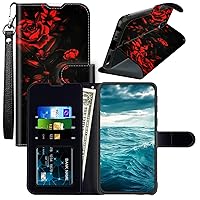 for BLU View 3 Leather Wallet Case, Wrist Strap Card Slots Kickstand Shockproof TPU Flip Cover Phone Wallet Case for BLU View 3 B140DL, Red Rose Art