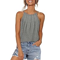 WIHOLL Womens Pleated Tank Tops Spaghetti Strap Camisole Halter Tops Curved Hem Fashion 2024
