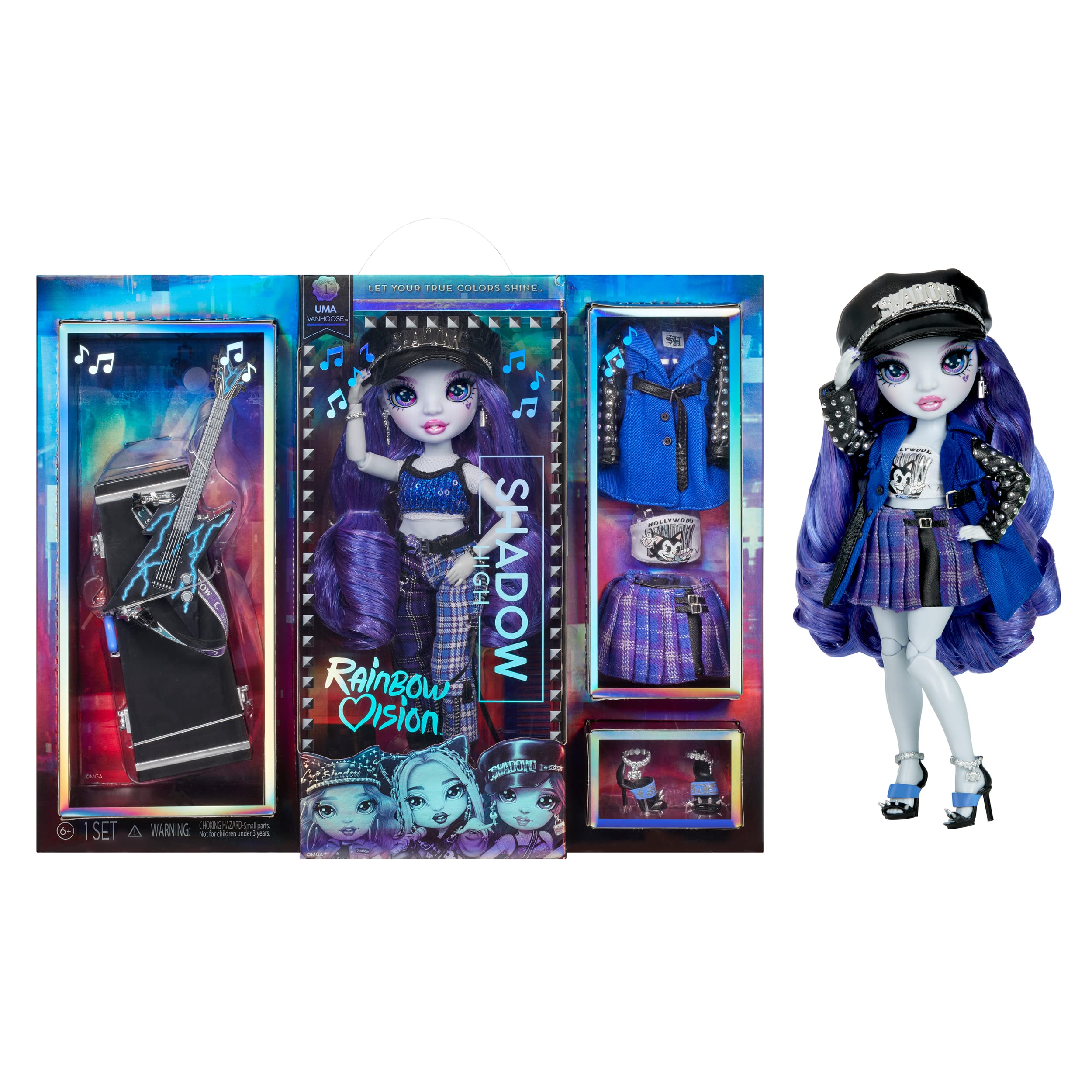 Rainbow Vision Shadow High Neon Shadow - Uma Vanhoose (Neon Blue) Posable Fashion Doll. 2 Designer Outfits to Mix & Match, Rock Band Accessories Playset, Great Toy Gift for Kids 6-12 Years & Collector