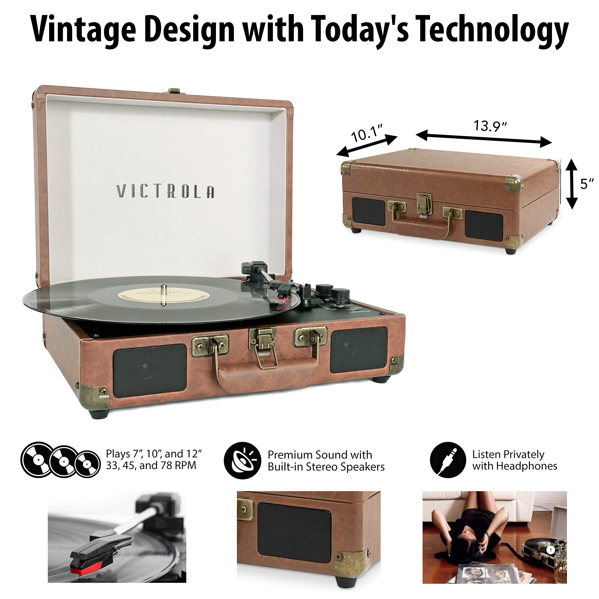 Victrola Vintage 3-Speed Bluetooth Portable Suitcase Record Player with Built-in Speakers | Upgraded Turntable Audio Sound| Includes Extra Stylus | Brown
