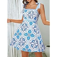 Summer Dresses for Women 2022 Scroll Print Tie Shoulder Cami Dress Dresses for Women (Color : Blue and White, Size : X-Small)