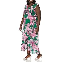 London Times Women's Plus Size Sleeveless Ruffle Detail Faux Wrap Tie Midi Dress, Spring Green/Multi